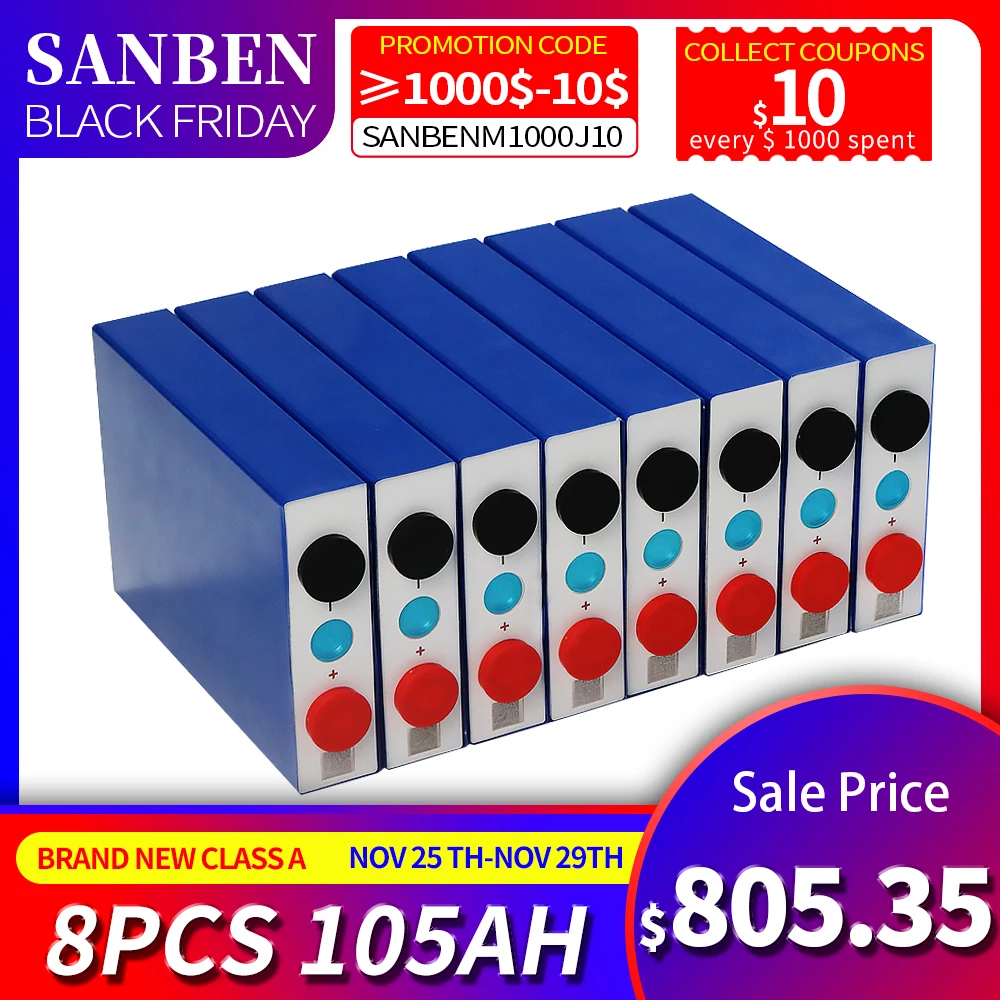 

New 8pcs 3.2V 105Ah LiFePO4 battery Grade A 24V battery Lithium-iron phospha Can make Boat car battery EU US tax free