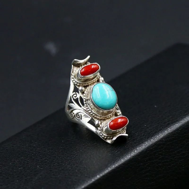 

Nepal Ornament Handmade 925 Silver Turquoise Ring Men and Women Opening Ring Saddle Personality Retro Ethnic Style