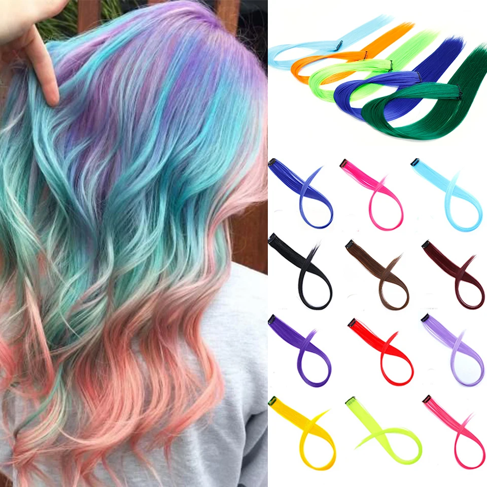 LUPU Synthetic Long Straight Rainbow Highlighted Hair Extensions Fake Hair One Clip In One Hair Pieces For Women Pink Purple Red