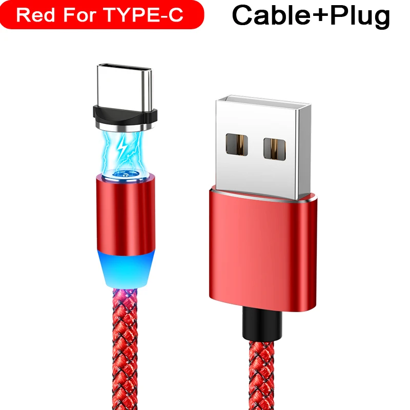 Магнитный usb-кабель для быстрой зарядки 2,1 А, Тип C, микрокабель, светодиодный, с нейлоновой оплеткой, type-C, магнитное зарядное устройство для iPhone XS X 7, samsung, 1 м, 2 м - Цвет: Red for Type-c