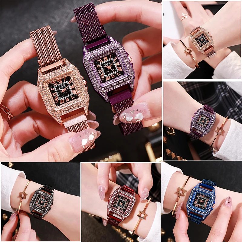 

Модные квадратные часы со звездами для женщин, Простой повседневный инкрустированный женский ювелирный подарок