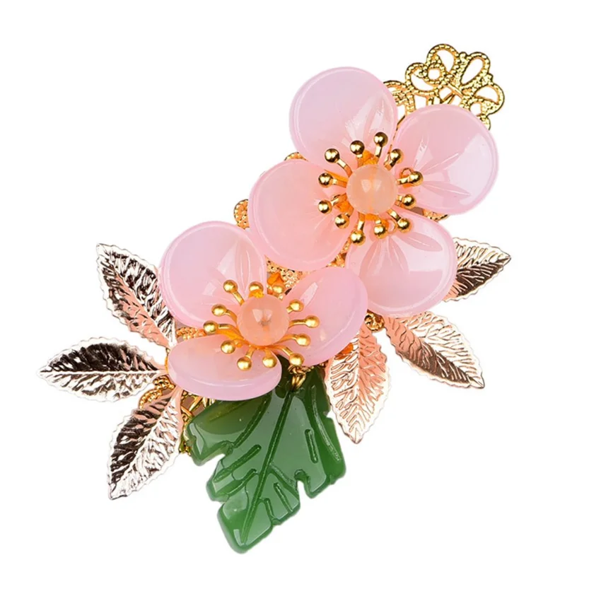 Leaf With Pink And Yellow Colored Glaze Flower Hair Jewelry