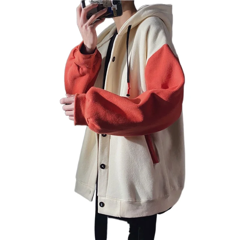 

Men Streetwear Korean Loose Hoodie Jacket Mens Spring Cardigan Hoodies Men's Fashion Contrast Color Casual Hooded Sweatshirt