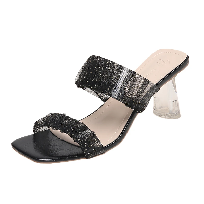 

Women Summer Modern Slippers Square Transparent Heels Strap Outside Middle Heel Ladies Big Size 43 Slipper Shoes