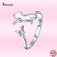 bamoer cute cat open silver ring for women 100 925 sterling silver adjustable butterfly animal ring trendy jewelry gift gxr443