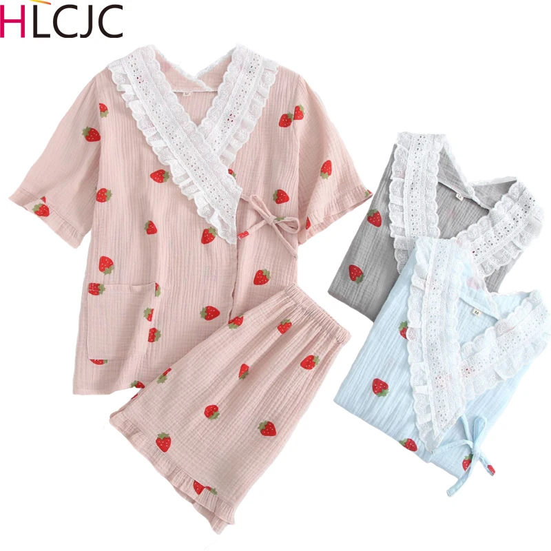 

Женский пижамный комплект, из хлопка и крепа, с V-образным вырезом, с коротким рукавом