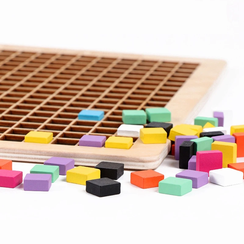

370Pcs Wooden Mosaic Puzzle Shape Pattern Blocks with 8 Colors Pixel Board Game Stem Toys Gift for Kids