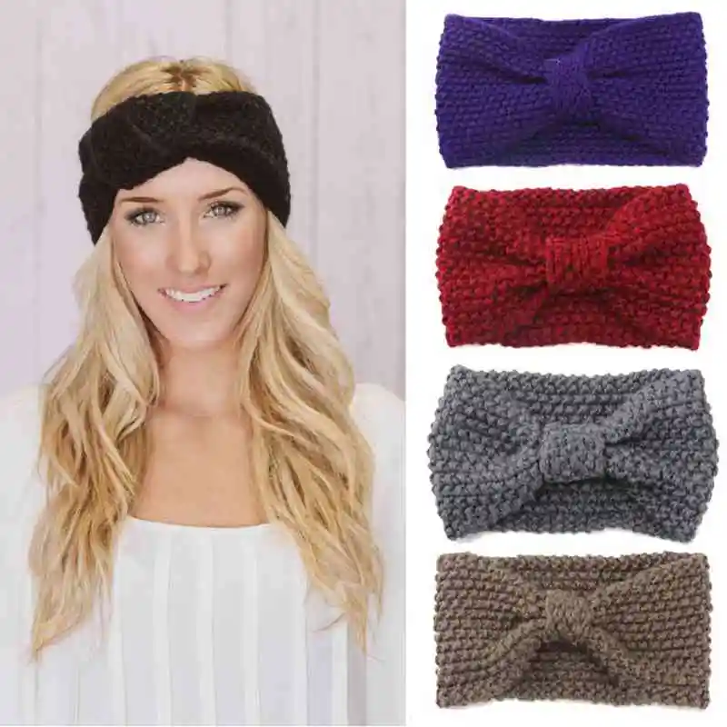 

Зимняя теплая вязаная повязка на голову с ушами, тюрбан для женщин, вязаные крючком широкие эластичные повязки для волос, повязка на голову, ...