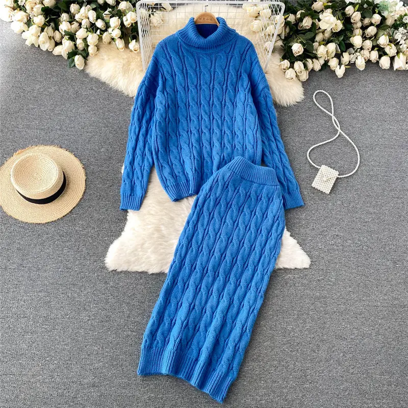 

Sweater Sets Womens Outfits With Skirt Autumn And Winter Thicken Warm Turtleneck Pullover High Waist Skirt Two Piece Suit M1560