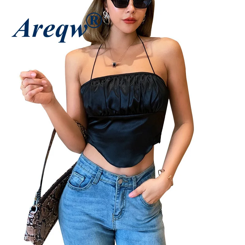 

2021 Summer New Sexy Slim Halter Hanging Neck Wrapped Chest Women Satin Camisole Small Vest Women