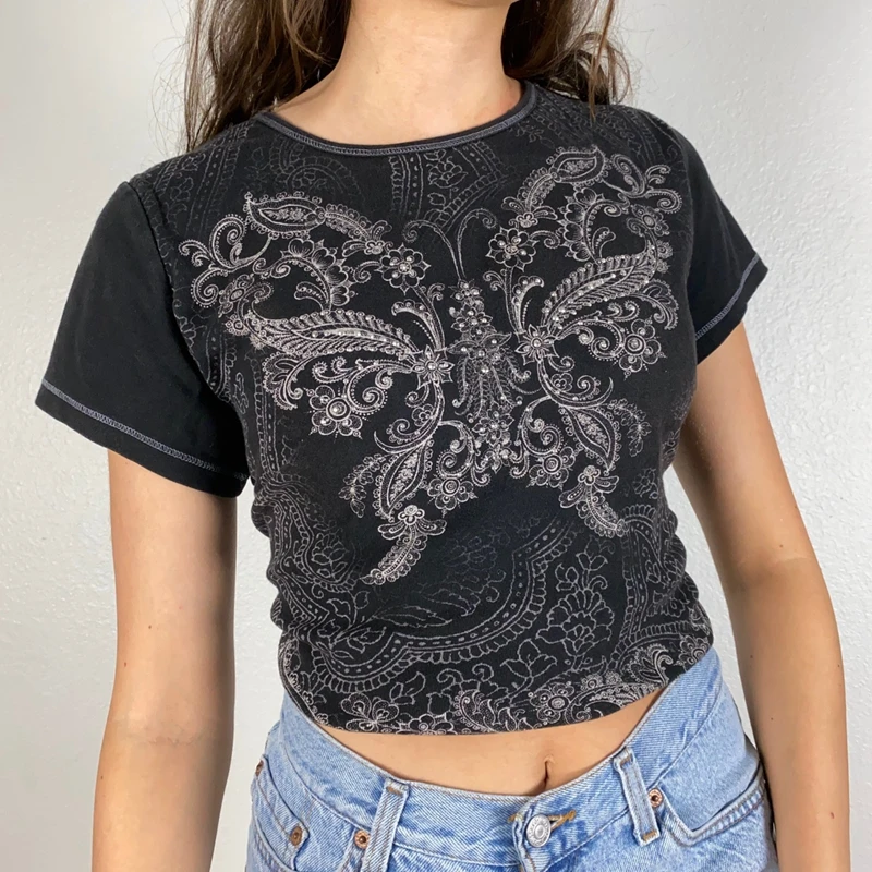 

Женская Винтажная футболка в стиле Харадзюку, черная облегающая футболка в стиле ретро с бриллиантами и бабочками, с коротким рукавом