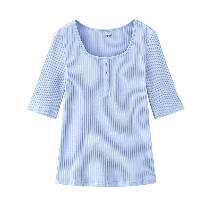

INMAN Square Collar T-Shirt Ladies Knitted Solid Color 2021 Summer New Arrival Slim Short-Sleeved Bottoming Shirt