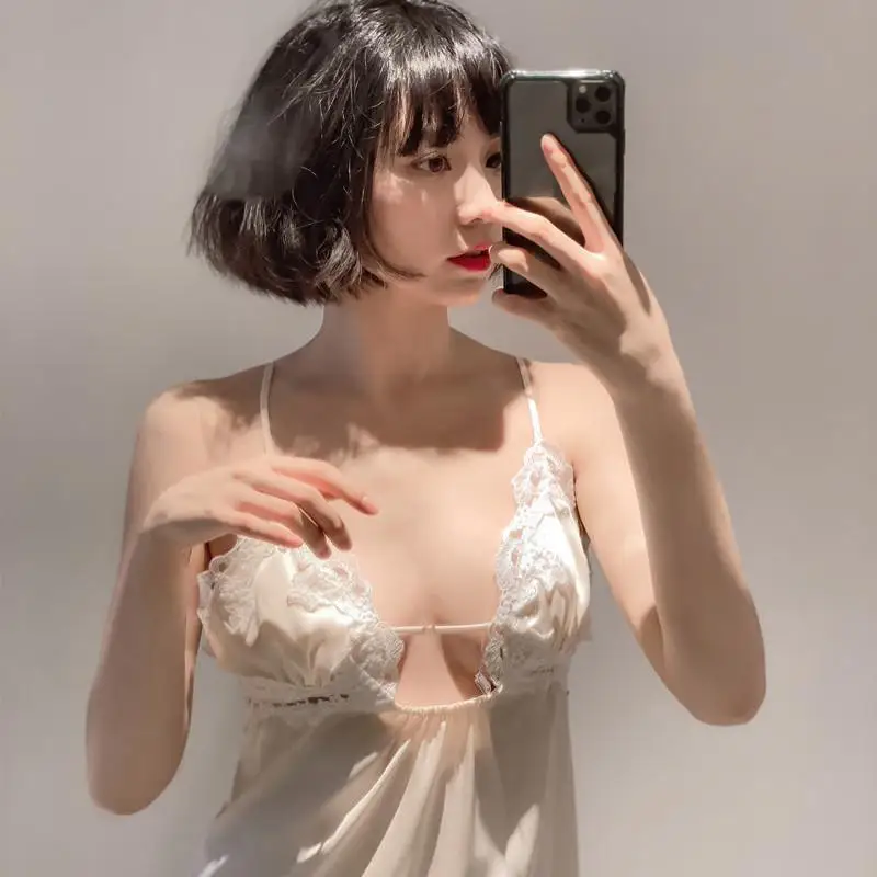 

Summer Sleepwear Sexy Hollow Out Suspender Nightdress Lady Nightgown Spring With Padded Intimate Lingerie Loose Satin Home Wear