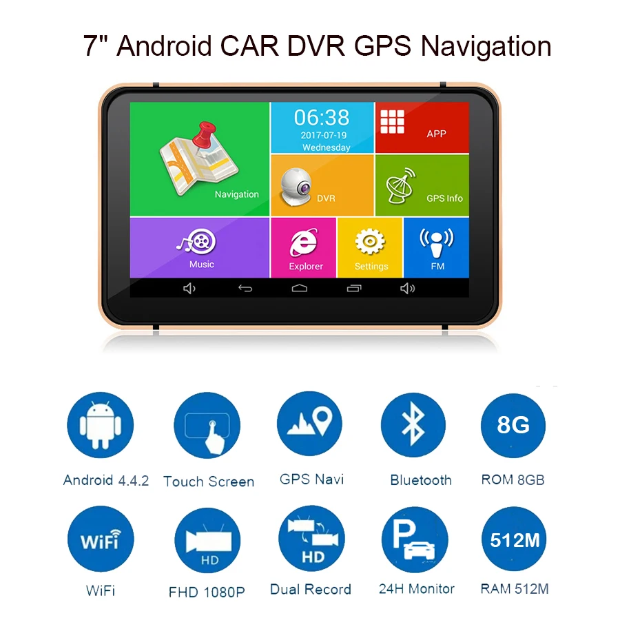 Автомобильный видеорегистратор с GPS навигацией Anfilite 7 дюймов FHD 1080P 512 М 8 ГБ android Wi