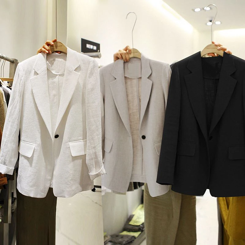 

Women White Linen Blazers Coat Jacket Suit Loose Long Summer Female New Solid One Button Covered Pockets Office Ladies 2020