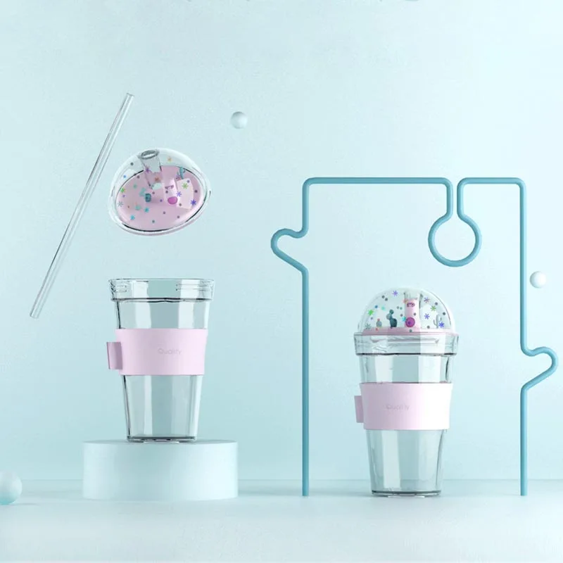 Милая пластиковая бутылка для воды YMEEI 490 мл с трубочкой защитой от ожогов