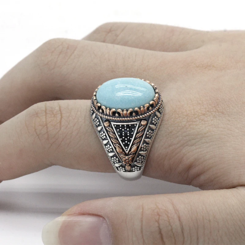 Vintage Turquoise Ring 925 Sterling Silver for Men Oval Natural Stone Retro Gorgeous Finger Male Women Turkey Jewelry | Украшения и