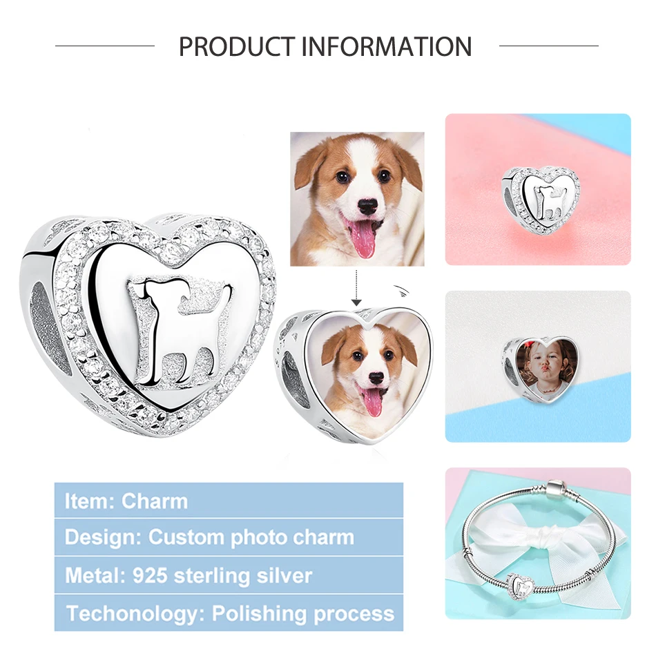Customized Photo Heart Charms Fit Bracelet Silver 925 Original Sterling Dog Paw Print Charm Beads Jewelry Making |