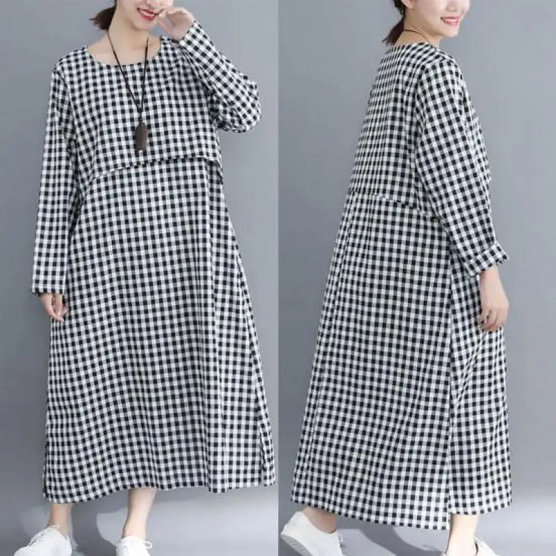 

2022 Autumn & Winter New Literary Cotton Linen Plaid Dress Korean Loose All-match Thin Casual Simple Women Dress Free Shipping