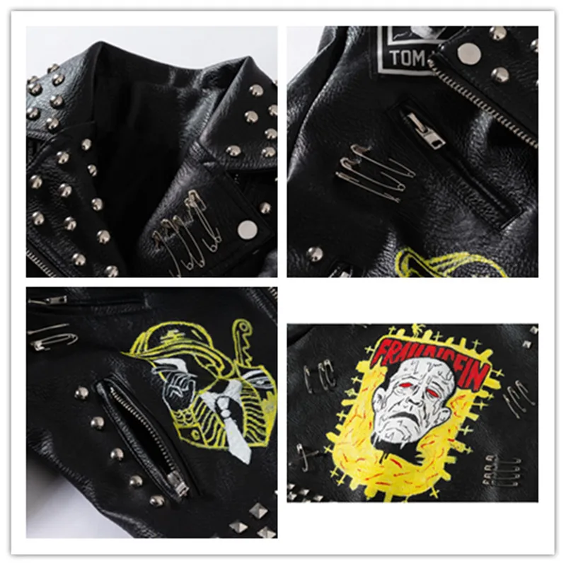 

Brand New Black Bomber Faux Leather Jacket Cartoon Printing Revit Stud Thin short StreetStyle Outwear Y654