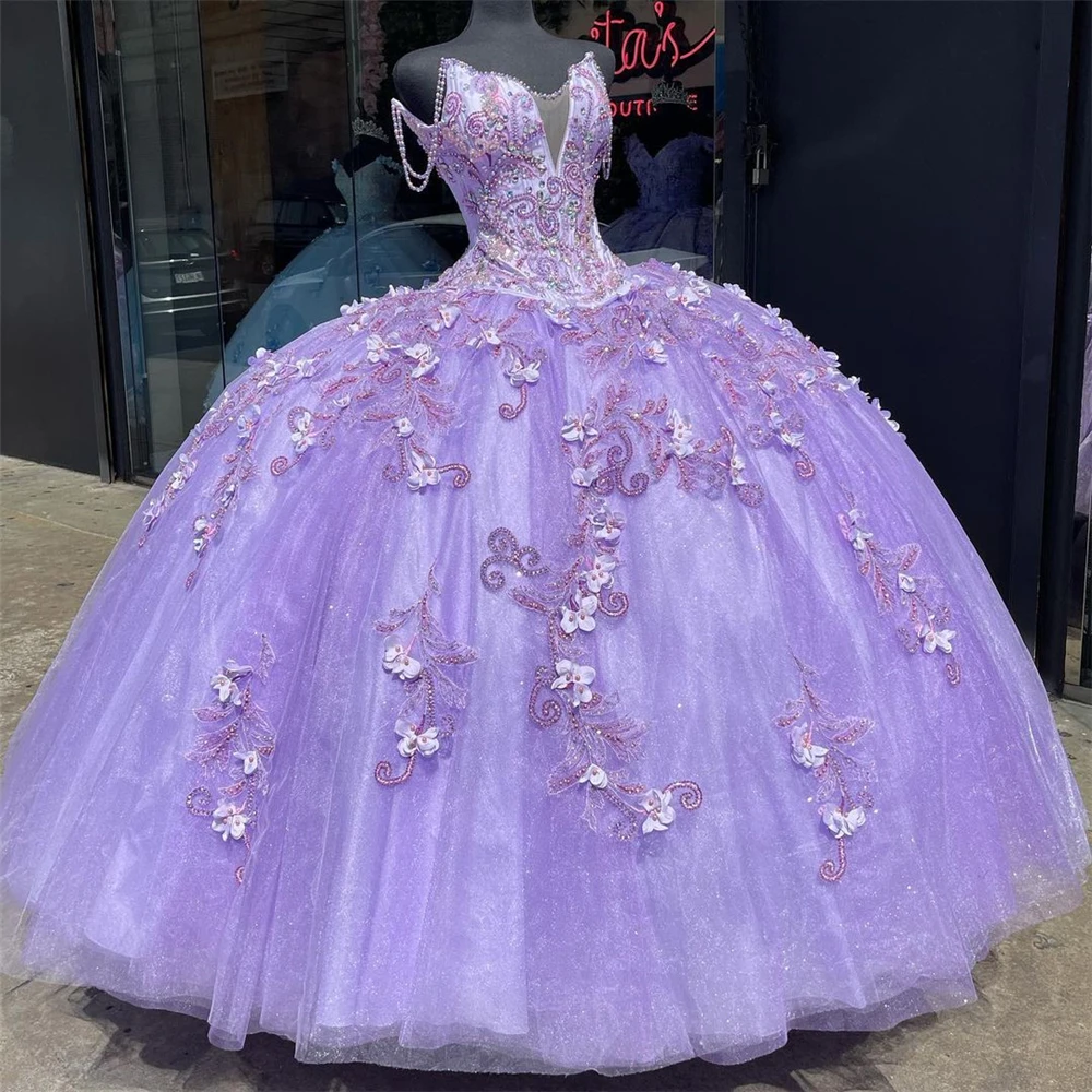 

2021 Purple Beaded Puffy Ball Gown Quinceanera Dresses Beads Sweet 16 Dress Pageant Gowns vestido de 15 anos XV