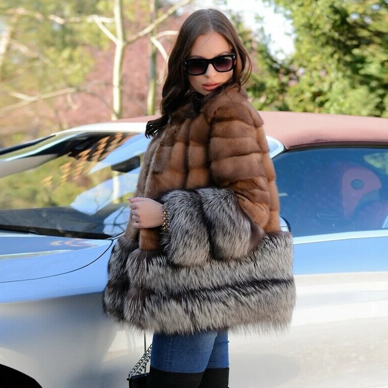 BFFUR Luxury Woman Natural Mink Fur Jackets With Silver Fox Fur Sleeve Cuffs And Bottoms Full Pelt Natural Mink Fur Coat Trendy