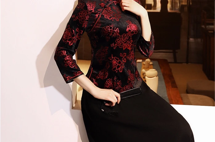 Китайский традиционный стиль осень зима бархат cheongsam женский короткий параграф семь точек рукав принт Тан костюм рубашка