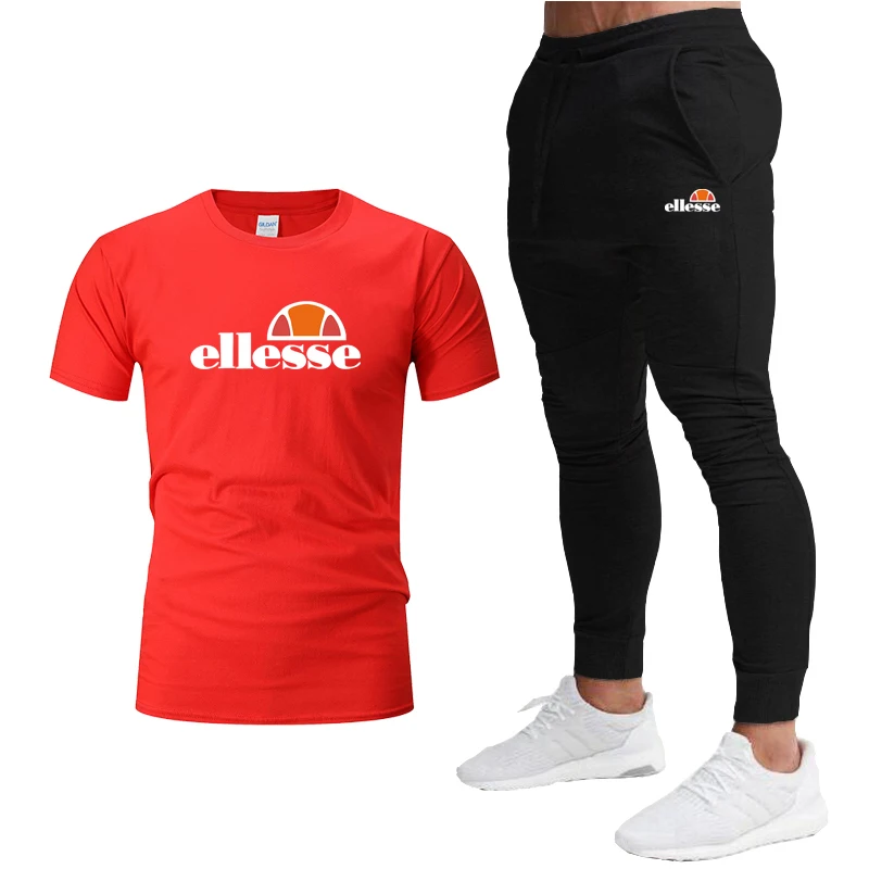 

Men's Brand Sportswear Sets Cotton Quick Drying Gyms Fitness Running Suit Fashion Short Sleeve T Shirts + Jogging Trousers 2pcs