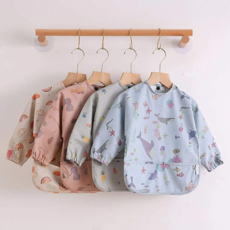 

Cartoon Printed Waterproof Bib with Pocket Baby Infants Long Sleeve Feeding Drawing Painting Apron Newborn Smock Burp Cloth for