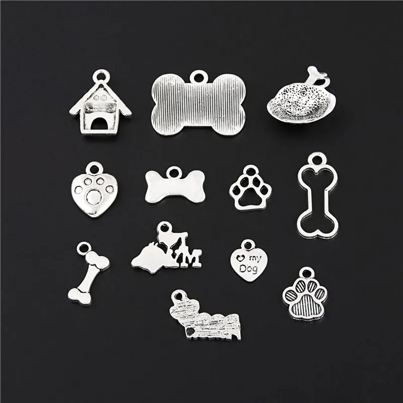 

12pcs/lot Metal Pet Paw Charms Mixed Bone Dogtag House DIY Making Pendants Handmade Jewelry Necklace Bracelet