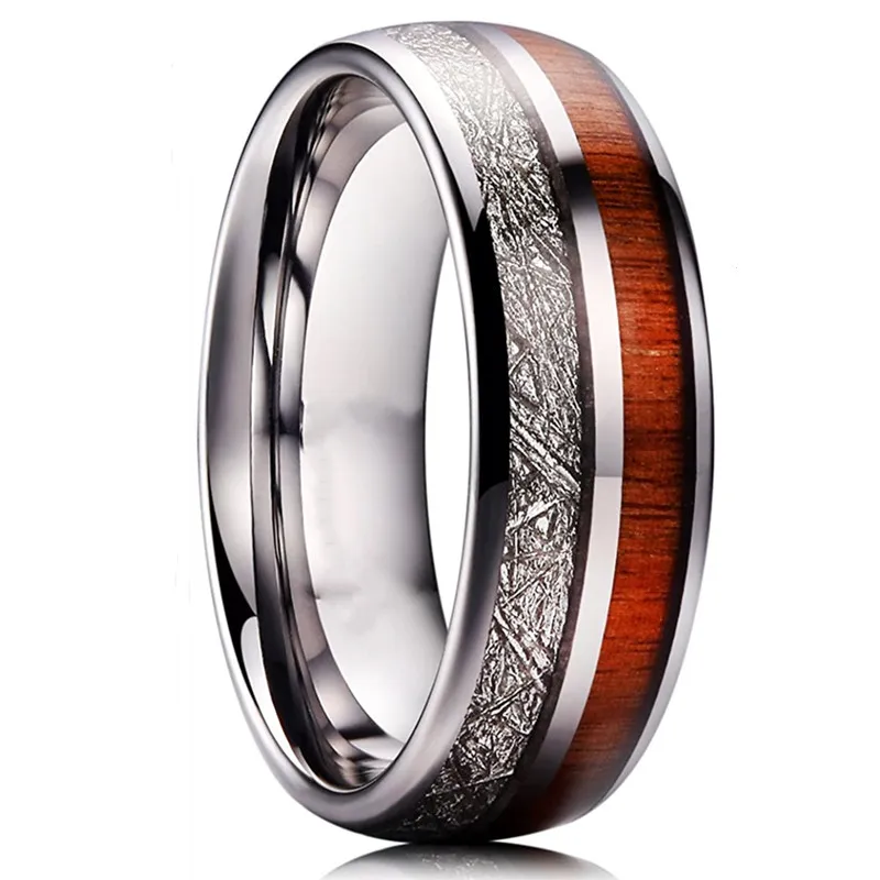 

8mm Silvery Tungsten Carbide Ring White Meteorite/Wood Inlay For Men Women Modern Style Wedding Band Dome Polished Comfort Fit