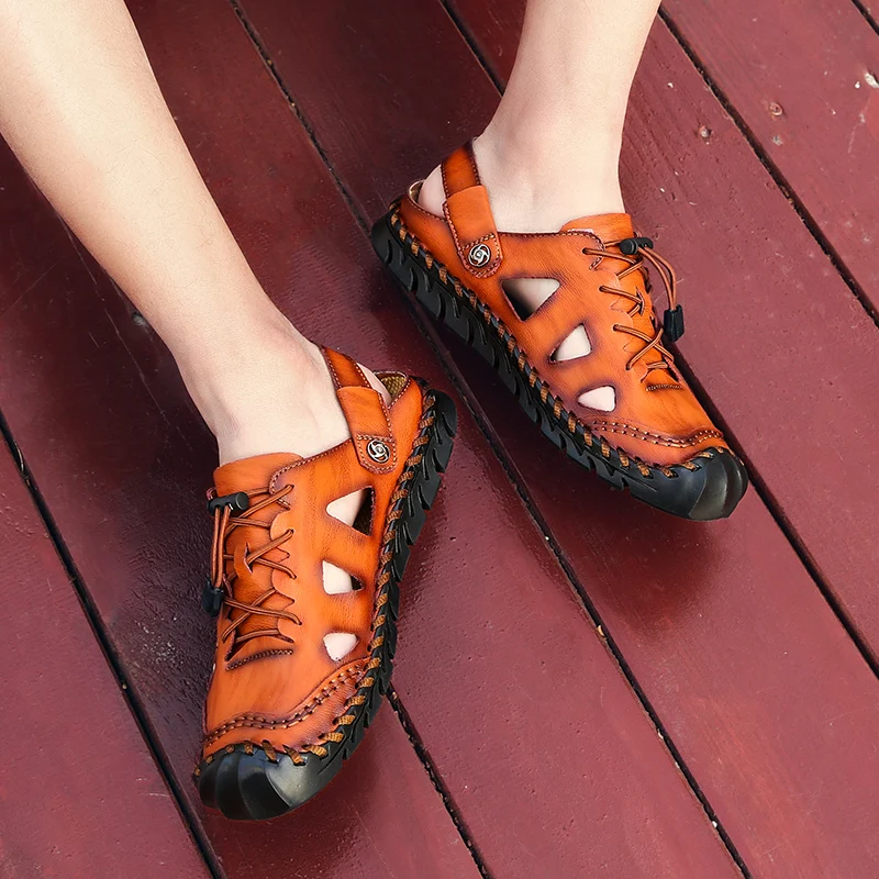

men sandals outdoor Genuine Leather Beach shoes men sandals slip on fashion Summer Rubber Lightweight Casual Soft sandals men