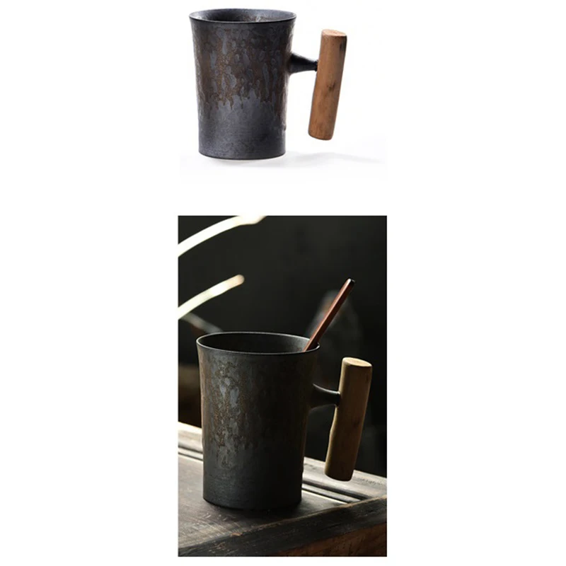 

300Ml Creative Handmade Ceramic Coffee Mug with Spoon Rust Glaze with Wooden Handle Water Cup for Home/Office
