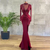 chic mermaid evening dresses high neck long sleeves crystal beads prom dress side split party gowns robe de soiree custom made