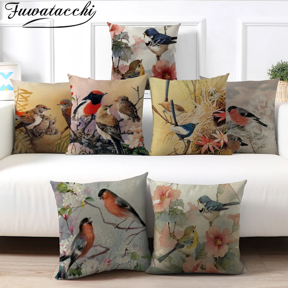Fuwatacchi Чистейшая льняная Наволочка на подушку Милая подушка с птицей крышка
