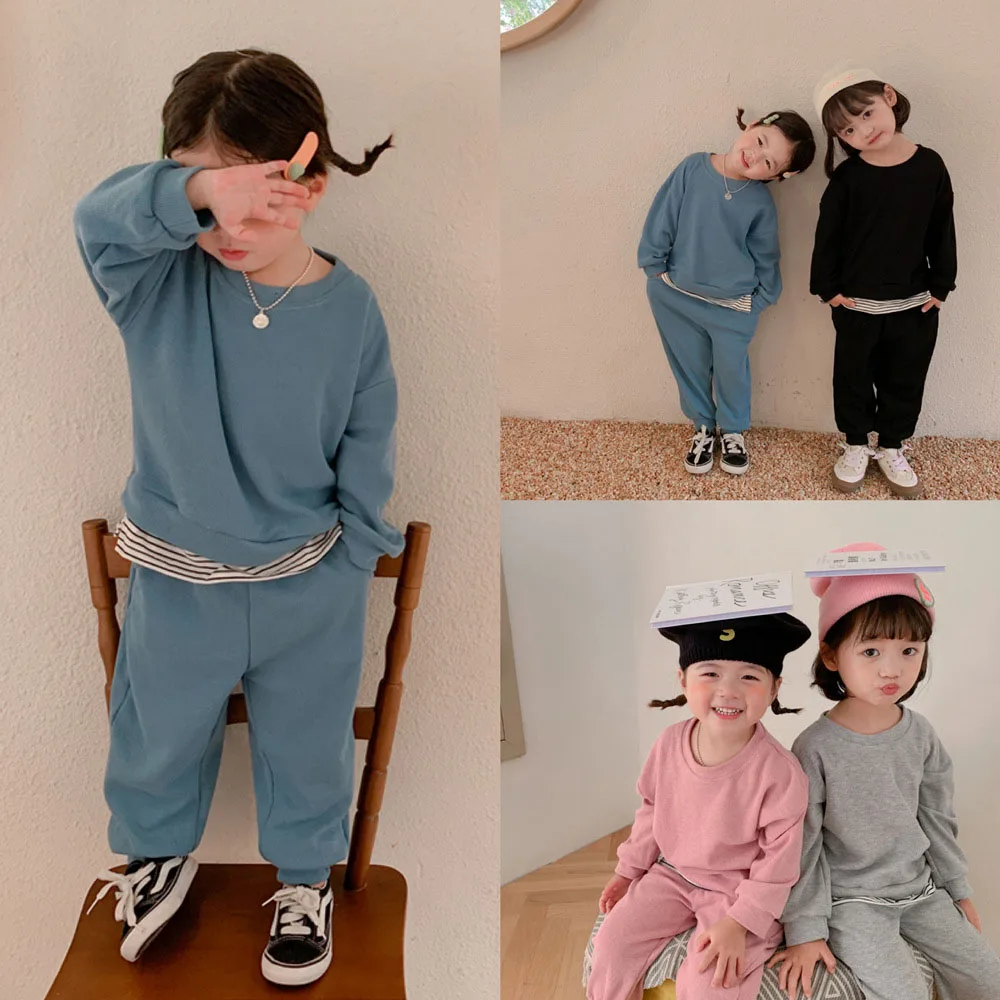 

Kids Clothes Sets Spring Autumn Toddler Boys Girls Ribbed Knitted Patchwork Sweatshirts Hoodies Tops+Pants Kids Clothing