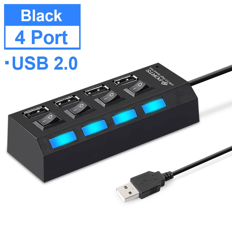 4 Port Black 2.0 Usb-хаб 3,0 Мульти USB 3,0 концентратор USB разветвитель 2,0 Hab несколько 4/7 портов расширитель с адаптером питания Компьютерные аксессуары для ПК - Цвет: 4 Port Black 2.0