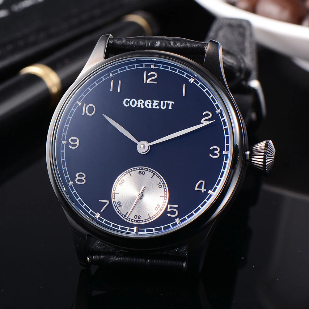 44 мм Corgeut модные часы с кожаным синим циферблатом механические ручным заводом