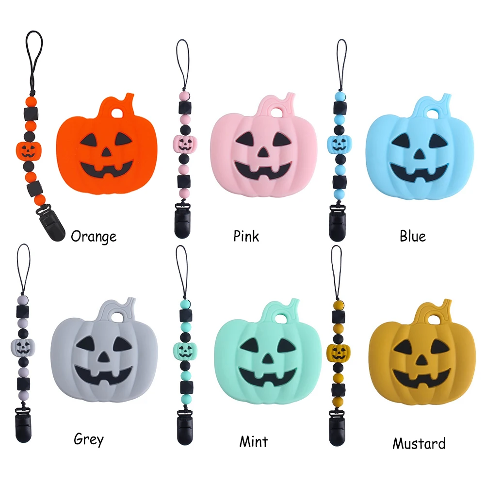 Chenkai 10PCS Silicone Halloween Pumpkin Chain Clip Teether Halloween Gift Infant Teething Toys For Baby Rattle Pacifier Clip