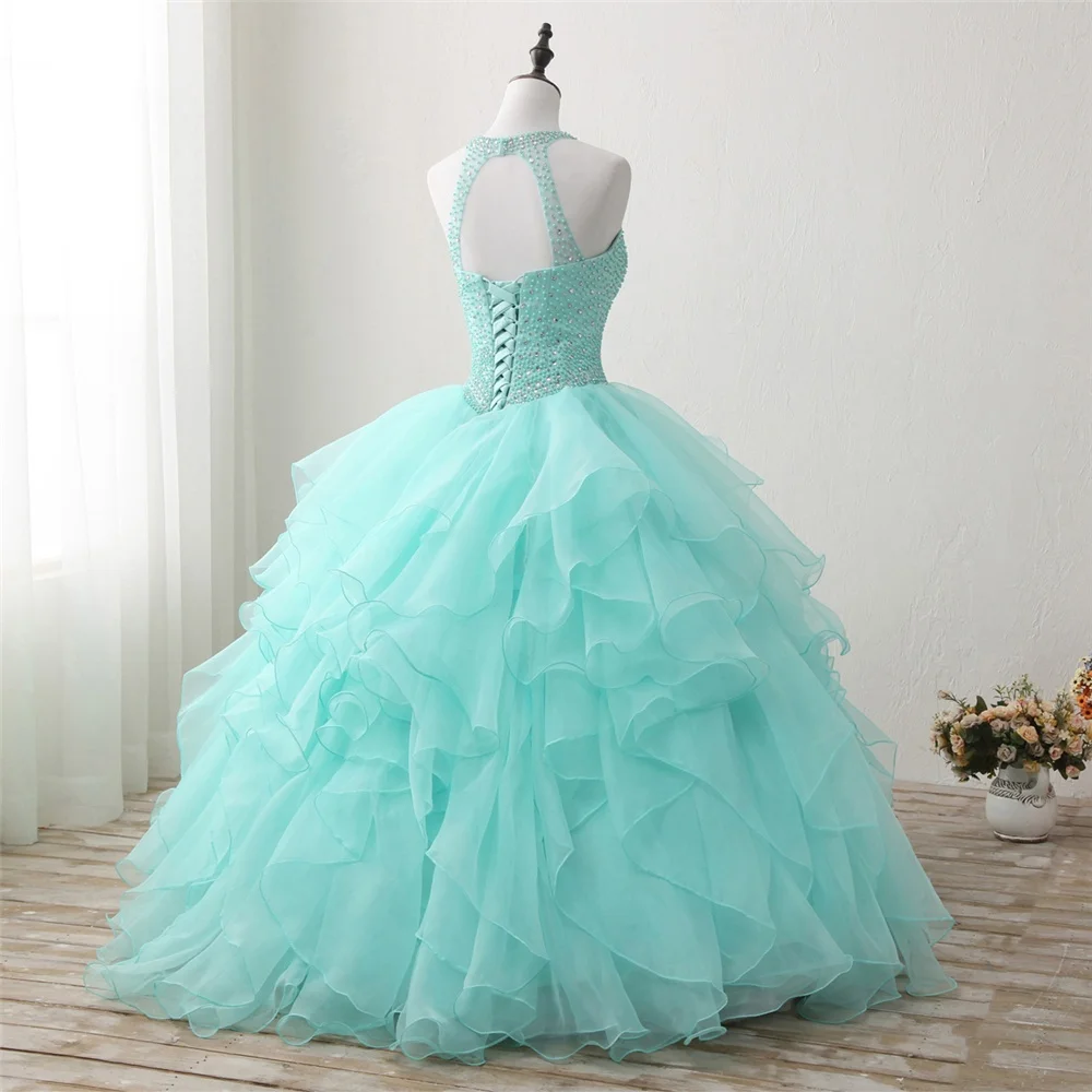 Соблазнительные мятные платья для Quinceanera с высоким воротником бальное платье