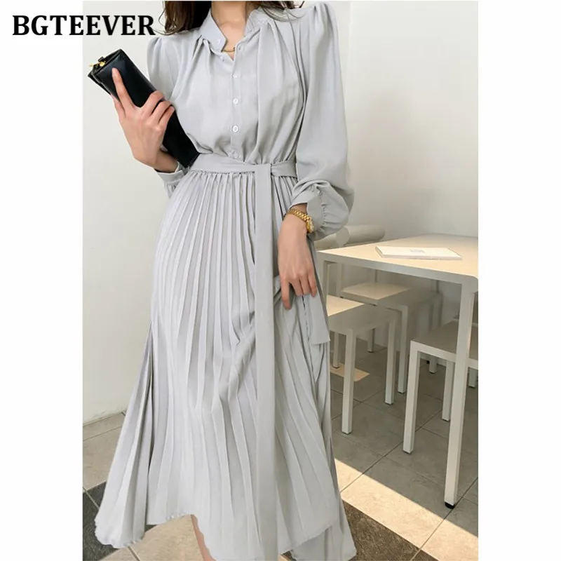 

BGTEEVER Stand Collar Women Pleated Dress Casual Long Sleeve Single-breasted Lace-up Female Dresses Summer Ladies Solid Vestidos
