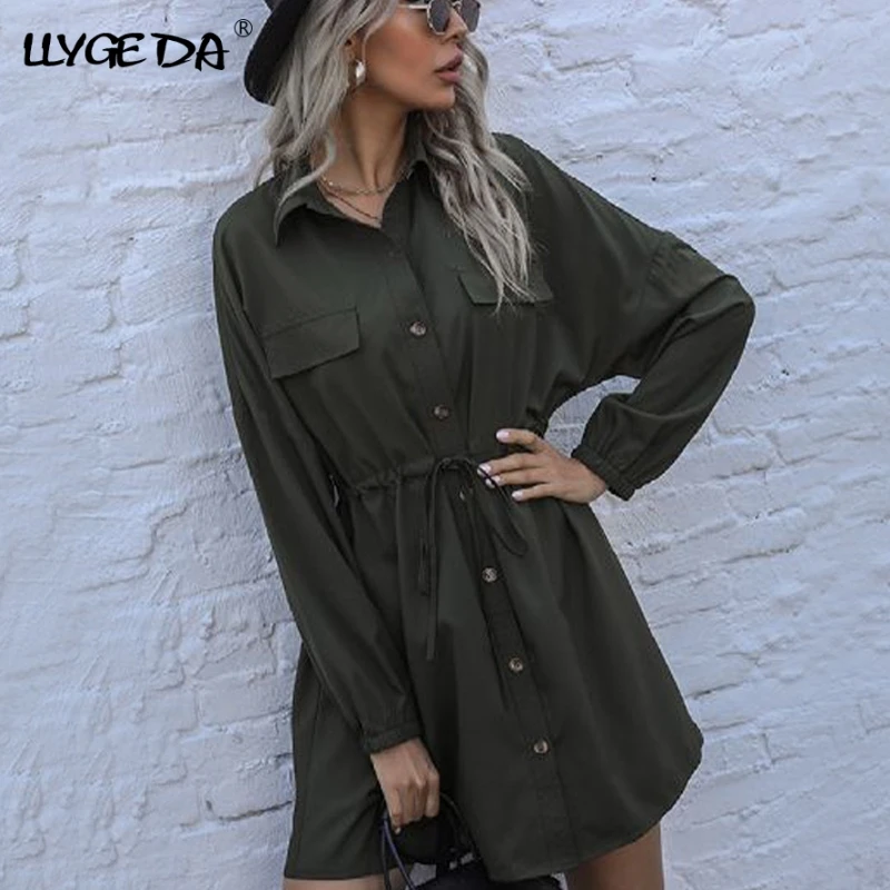 

Solid Drawstring Mini Shirt Dresses Women Casual Single Breasted Pocket Summer Dress 2021 New Ladies A-line Long Sleeve Fashion
