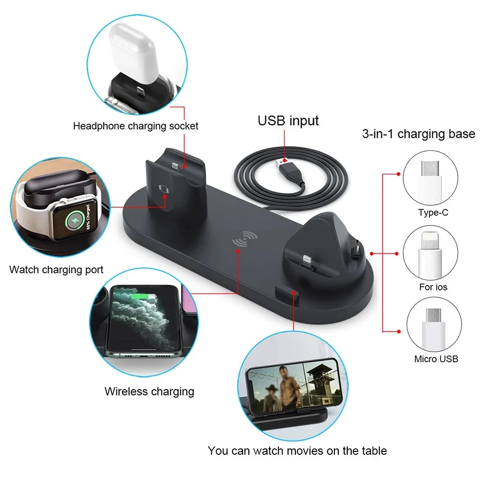 10W Qi Wireless Charger Station 6 in 1 For Iphone Airpods Micro USB Type C Stand phone Chargers For Apple Watch airpods Charging