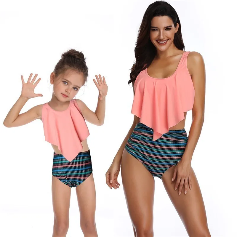 

2019 New Pink Family Swimwear Big Ruffle Family Bikini Set High Waist Bathing Suit Women Swimsuit Mother And Daughter Baby Girls