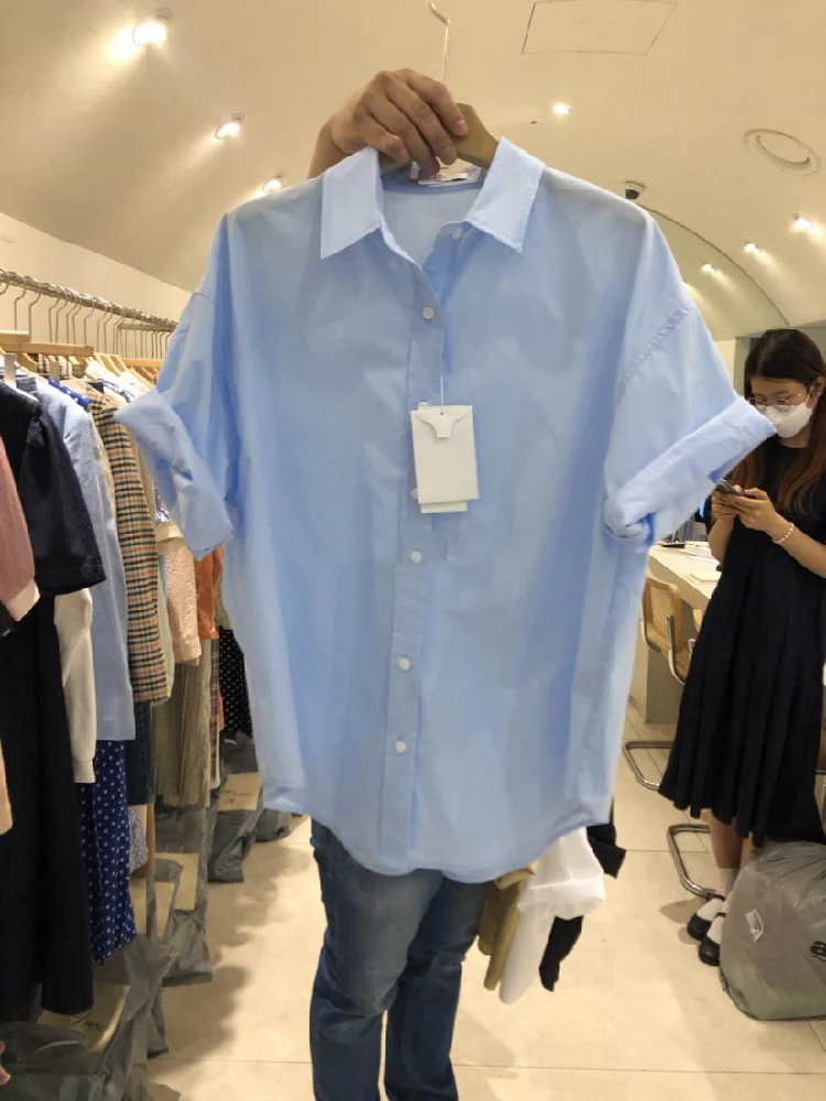 

2021 Summer Korean Version of The New All-match Inner Fashion Simple Solid Color Lapel Button Loose Short-sleeved Shirt Blouse