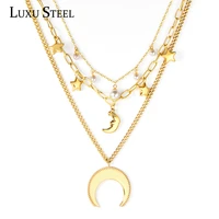 luxusteel moon star imitation pear layer chains necklaces collar choker stainless steel pendant necklace wholesale party