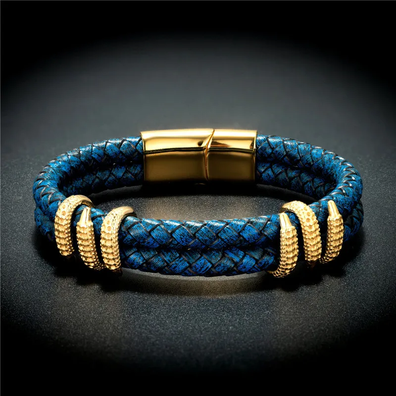 Fashion Men Stainless Steel Bracelet Retro Blue Gold Leather Micro-inlaid zircon Dragon Claw Punk Handmade Bracelets Jewelry