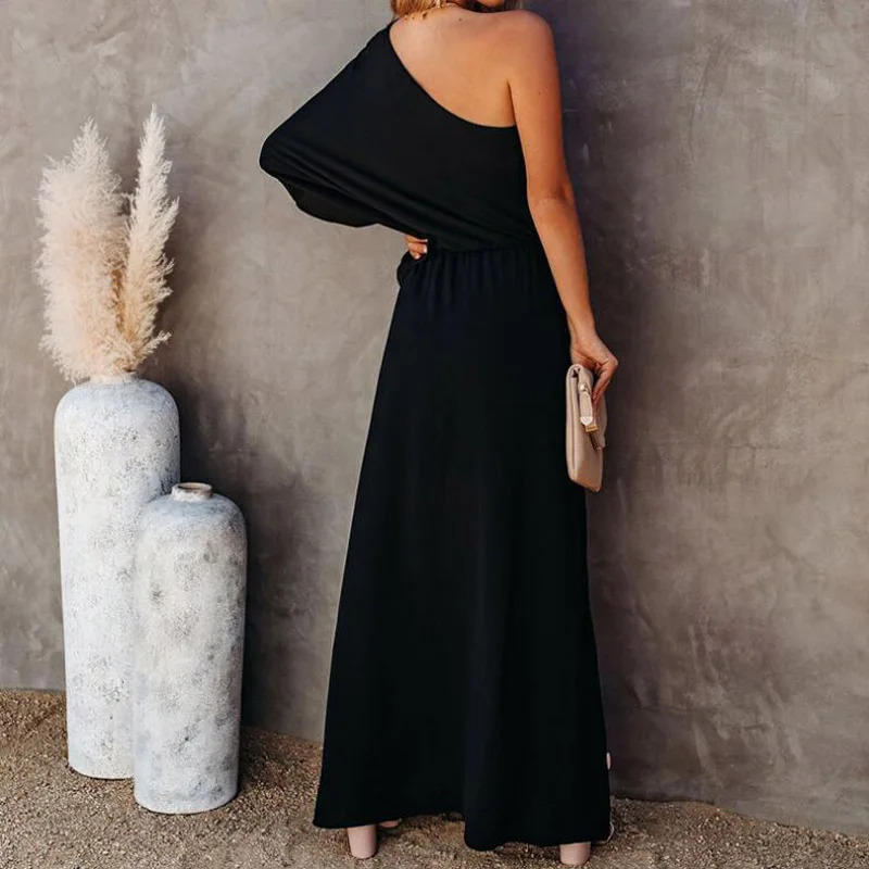 

Spring Elegant One Shoulder Office Lady Dress 2021 Summer Skew Collar Slit Long Dress Women Casual Solid Loose Maxi Beach Dress
