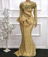 elegant full sleeve african mermaid evening dresses sparkly gold sequined pepelum long evening dress party gowns glitter