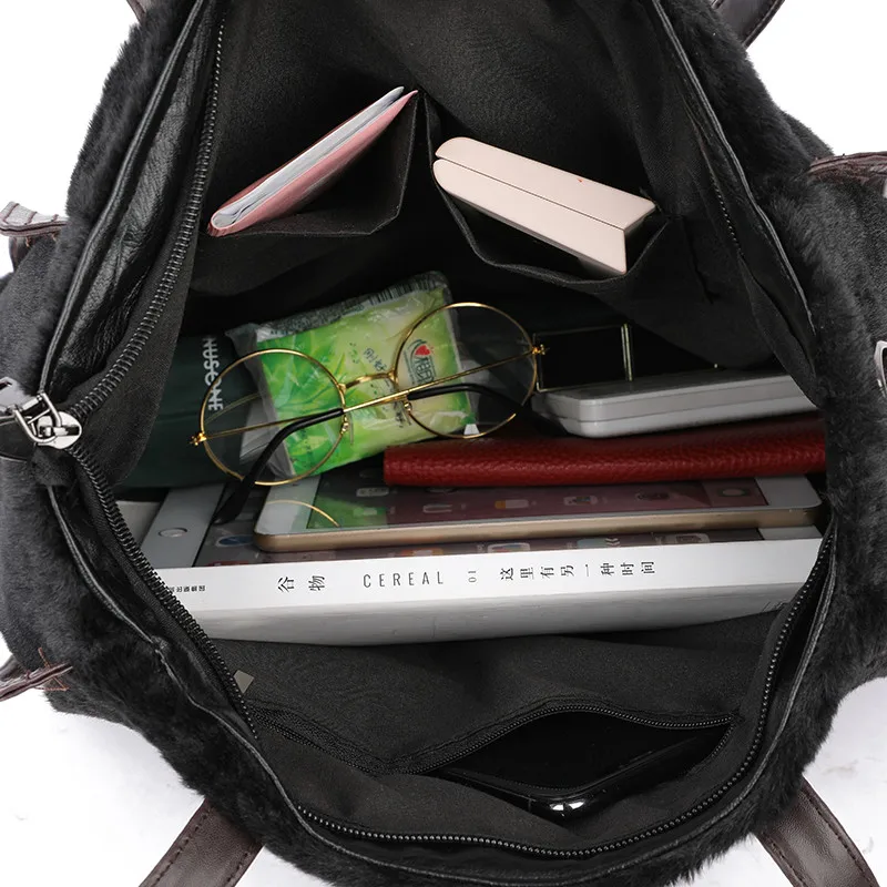 

Winter Style Large Plush Tote Bags for Women High Quality Pu Leather Shoulder Handbag Female Vintage Big Black Crossbody Bag Sac